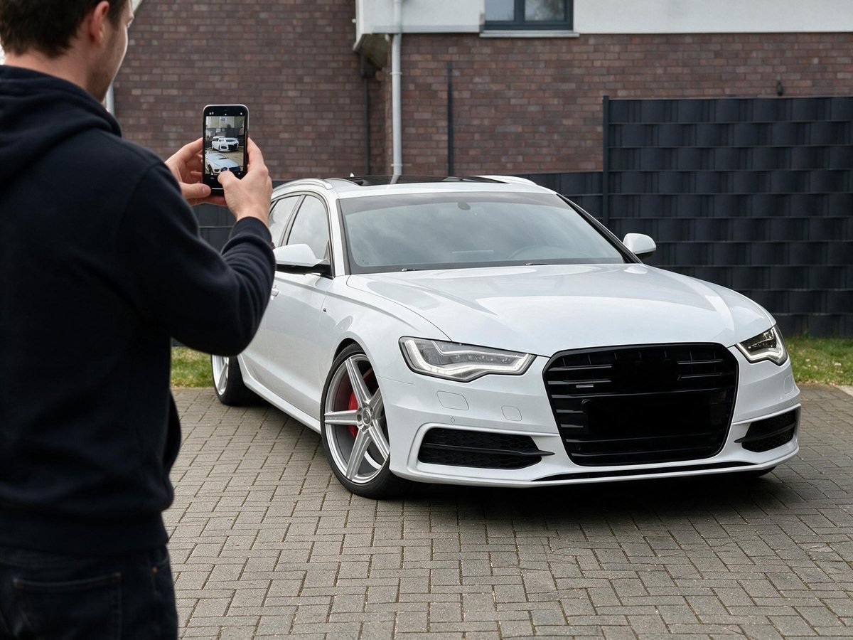 Person fotografiert ihren weißen Kombi mit dem Smartphone in der Einfahrt